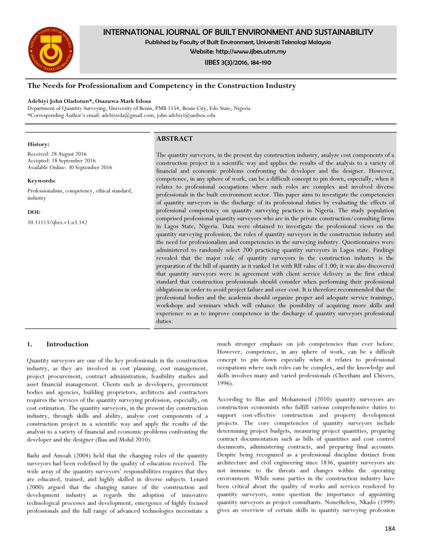 Pdf The Needs For Professionalism And Competency In The - pdf the needs for professionalism and competency in the construction industry